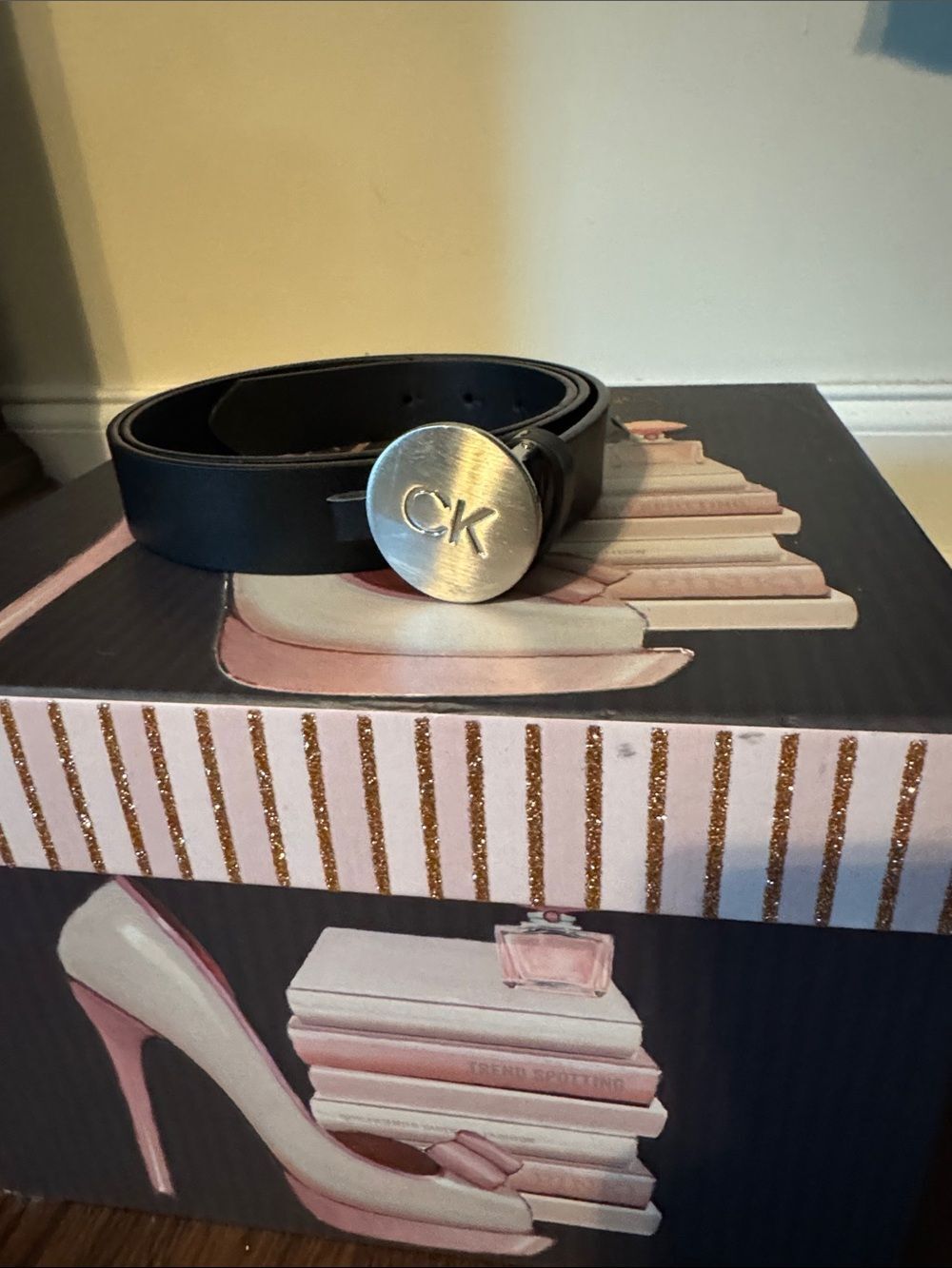 Calvin Klein Black Leather Belt with Brushed Silver CK Round Buckle